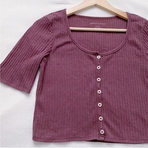 American Eagle Cropped Purple Henley Scoop Neck Top